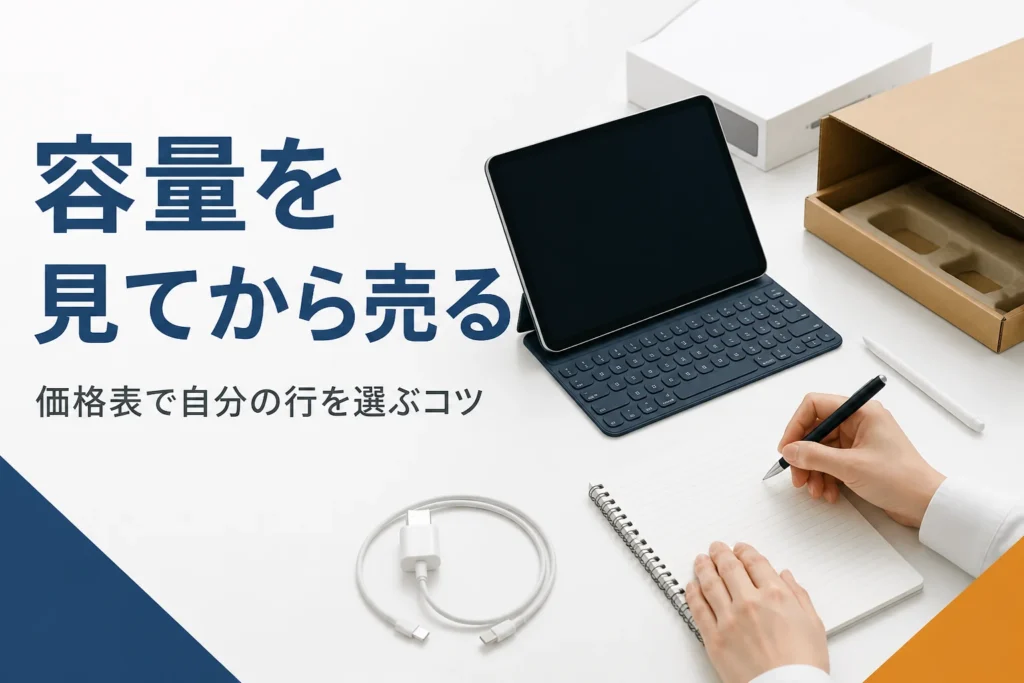 容量をメモして買取の準備をするタブレットと周辺機器