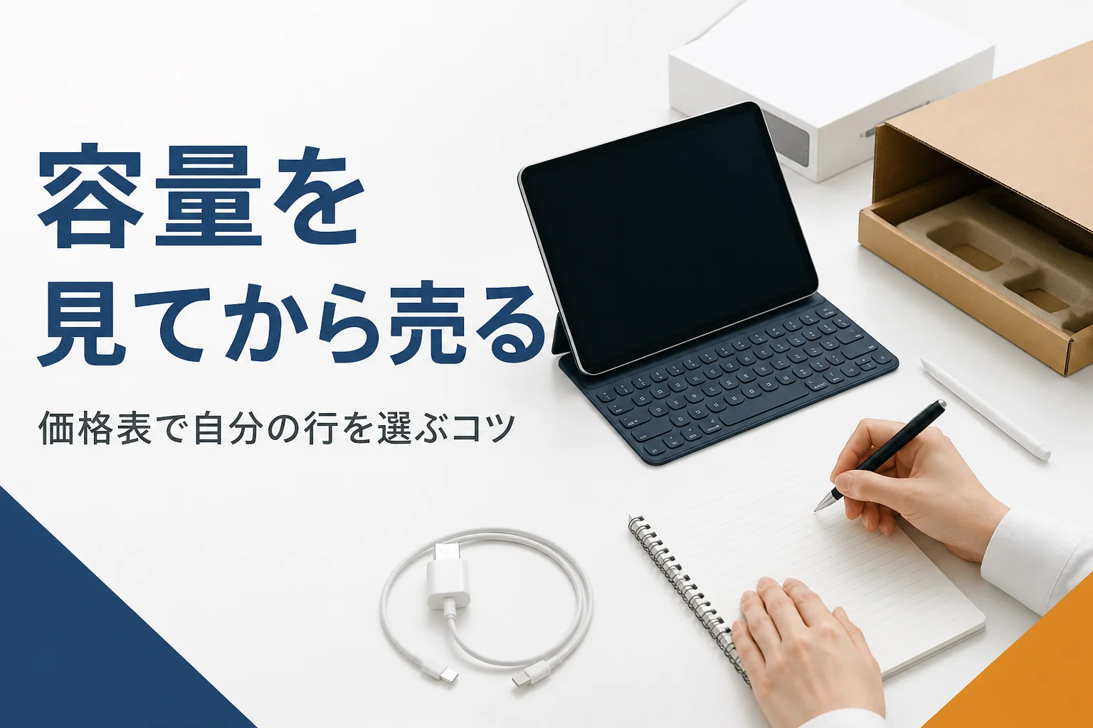 容量をメモして買取の準備をするタブレットと周辺機器