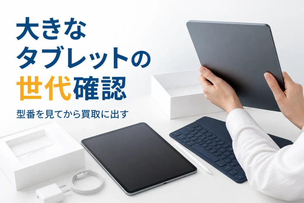 買取に出す前に大きなタブレットの裏側で型番を確かめる手元