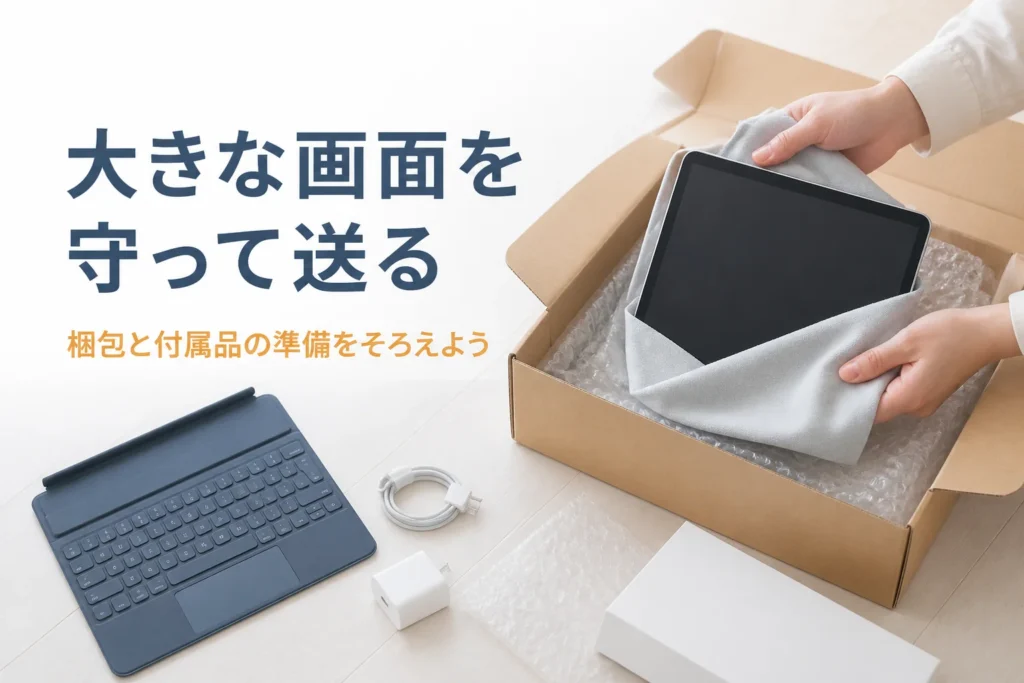 買取に出す大きなタブレットを緩衝材で梱包する手元