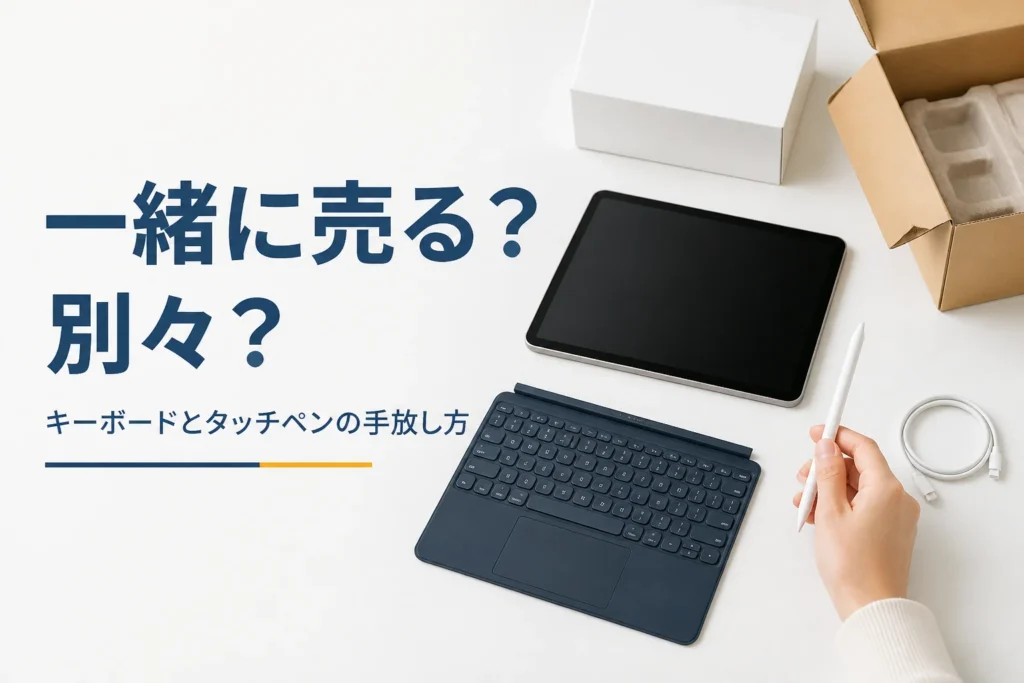 タブレットとキーボードカバーとタッチペンを分けて並べる手元