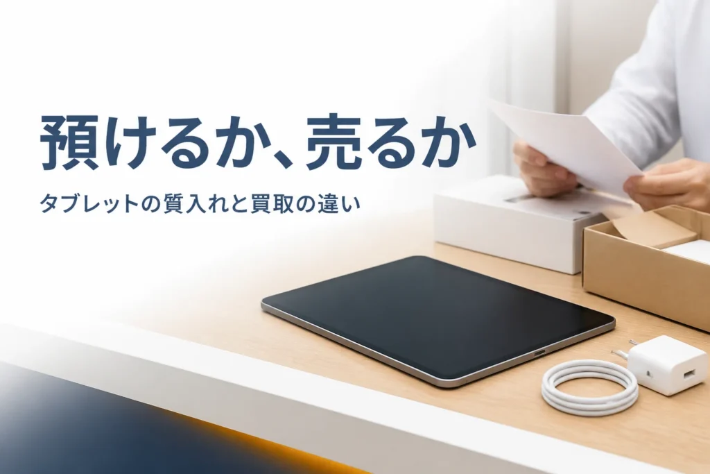カウンターに置いたタブレットと書類を確かめる手元