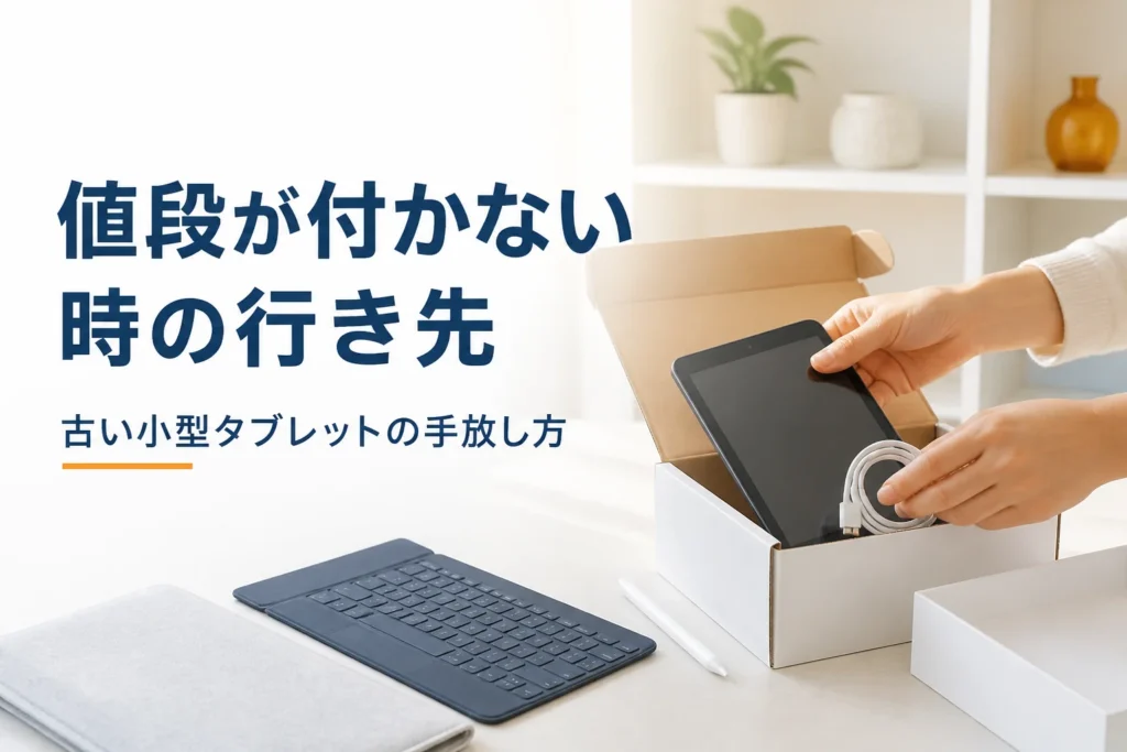 古い小型タブレットを売るか手放すか考えながら箱に入れる手元