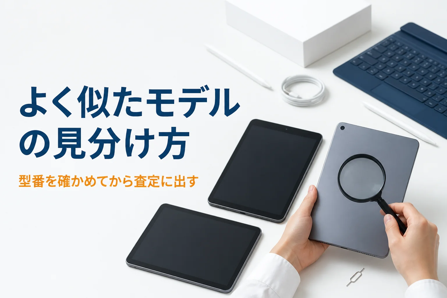 よく似た2台の小型タブレットの型番を虫めがねで確かめる手元