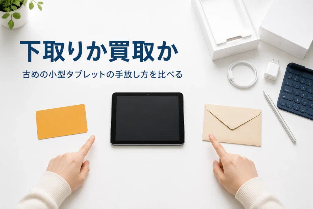下取りと買取を比べる小型タブレットとギフトカードと封筒