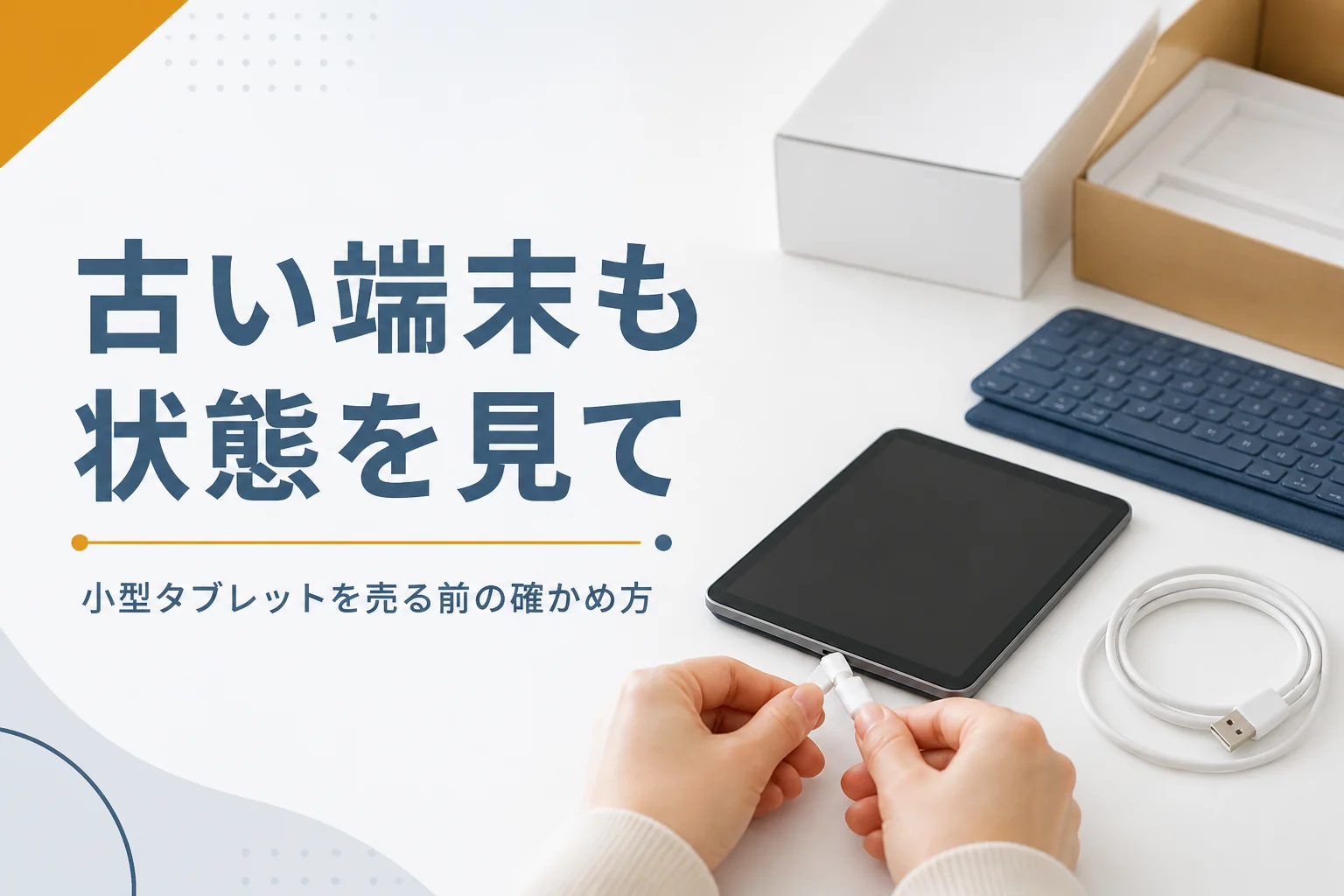 しまっていた小型タブレットを充電して状態を確かめる様子