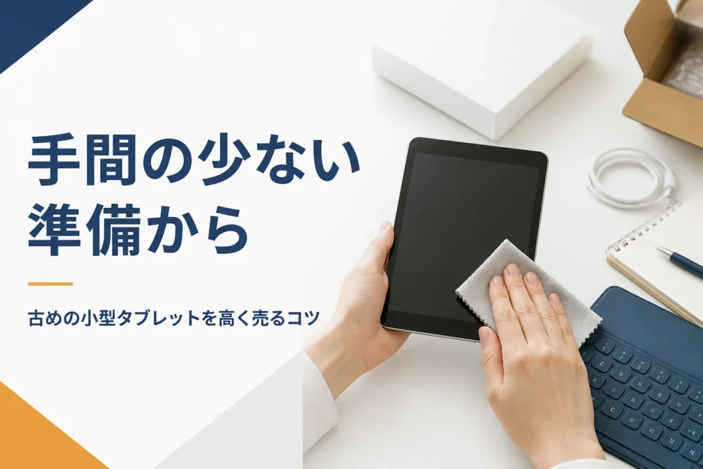小型タブレットを布で拭いて売る準備をする手元