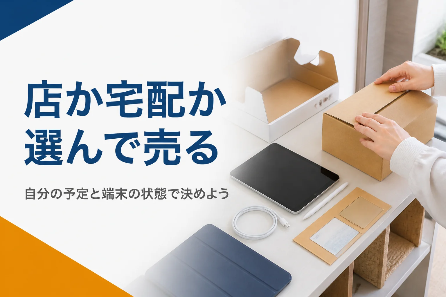 小型タブレットを宅配買取の箱に入れる準備をする手元