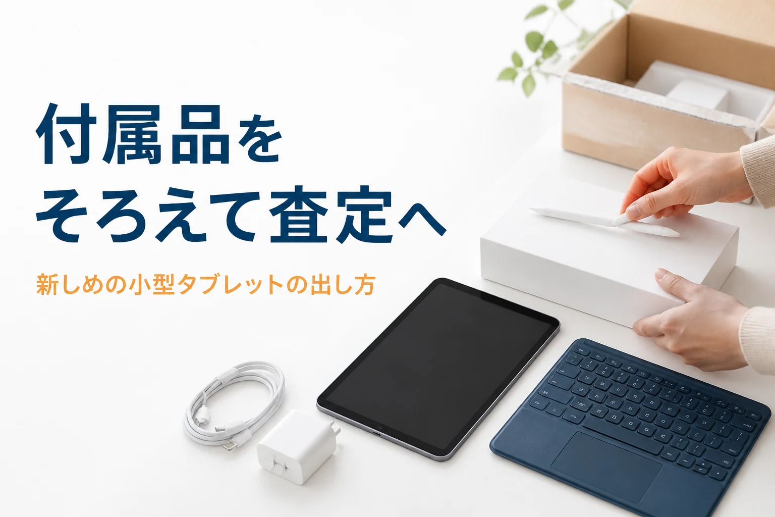 小型タブレットとタッチペン・元箱・ケーブルを買取前にそろえる手元