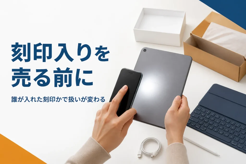 刻印のある小型タブレットの背面を撮影する手元