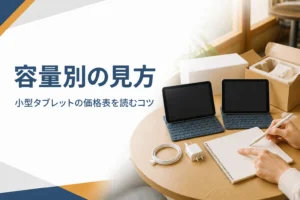 容量を比べながら小型タブレットの買取を考える様子