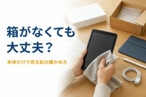箱のない小型タブレットを布で包んで梱包する手元