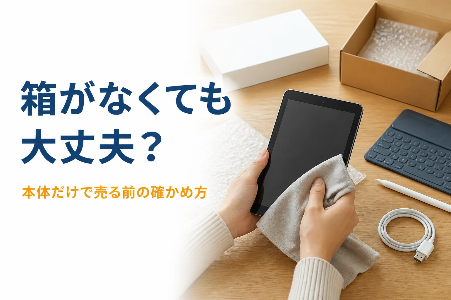 箱のない小型タブレットを布で包んで梱包する手元