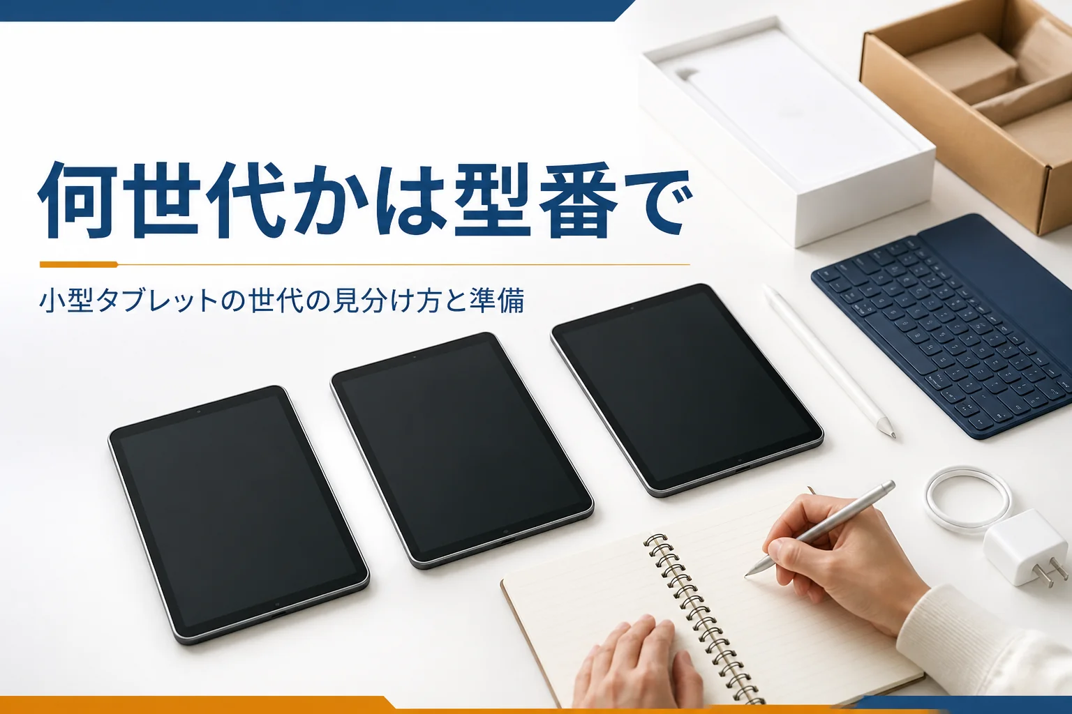 小型タブレットを並べて型番をメモする様子