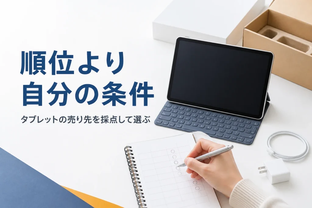 タブレットの売り先を手書きの採点表で比べる様子