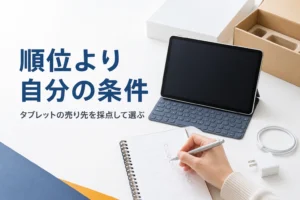 タブレットの売り先を手書きの採点表で比べる様子