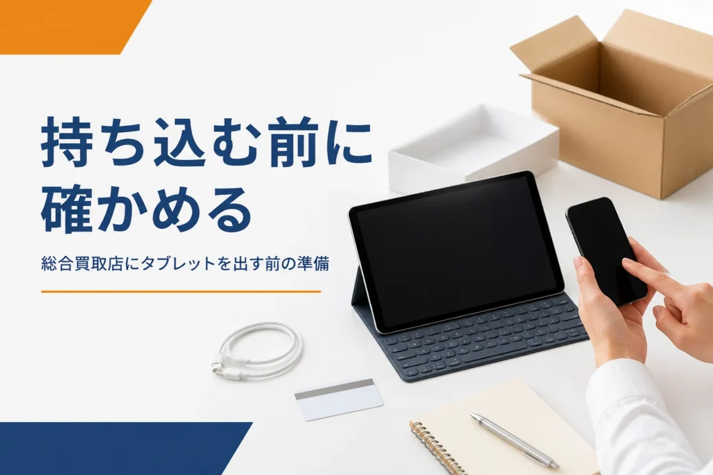 買取店に問い合わせる前にタブレットと書類をそろえる様子