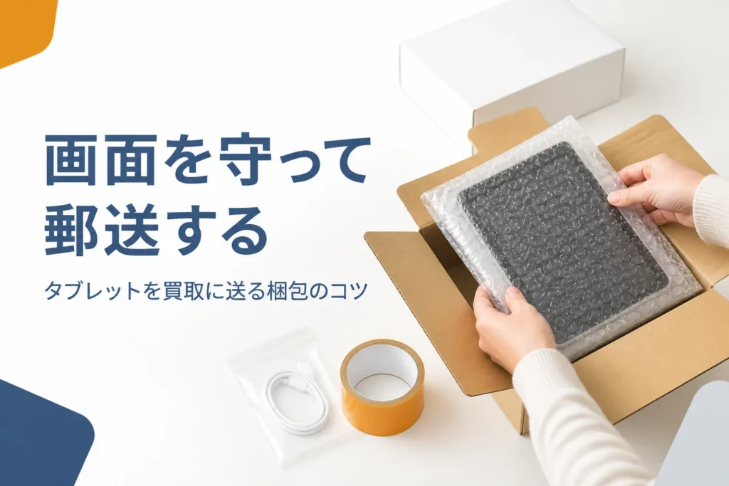 タブレットを緩衝材で包んで段ボール箱に詰める手元