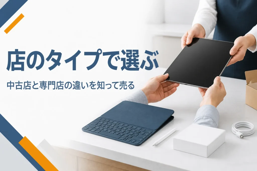 買取カウンターに差し出されたタブレットと小物