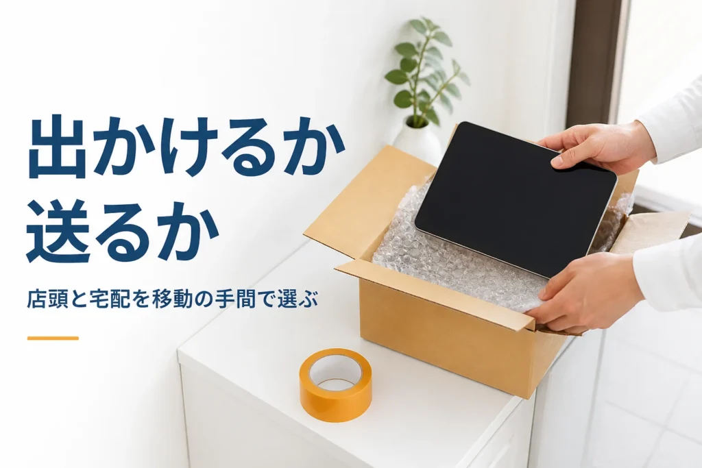 宅配買取の梱包準備をするタブレットと段ボール箱