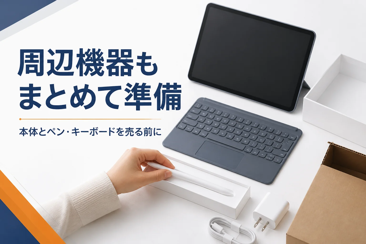 買取に出す前に並べたタブレットとタッチペン・キーボード