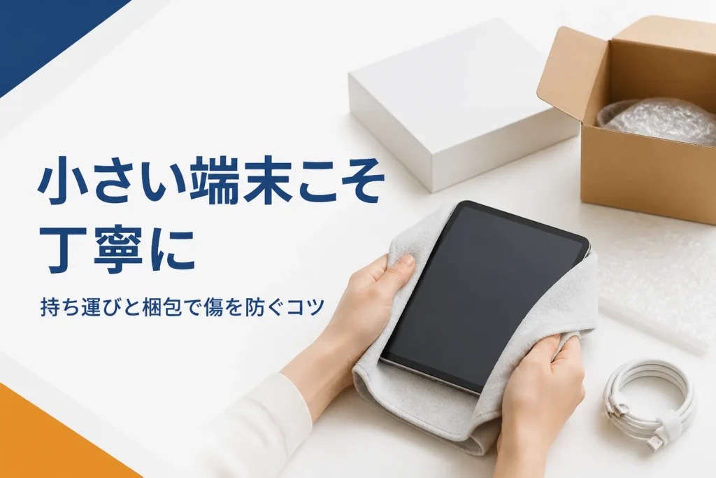 小型タブレットを布で包んで梱包する手元