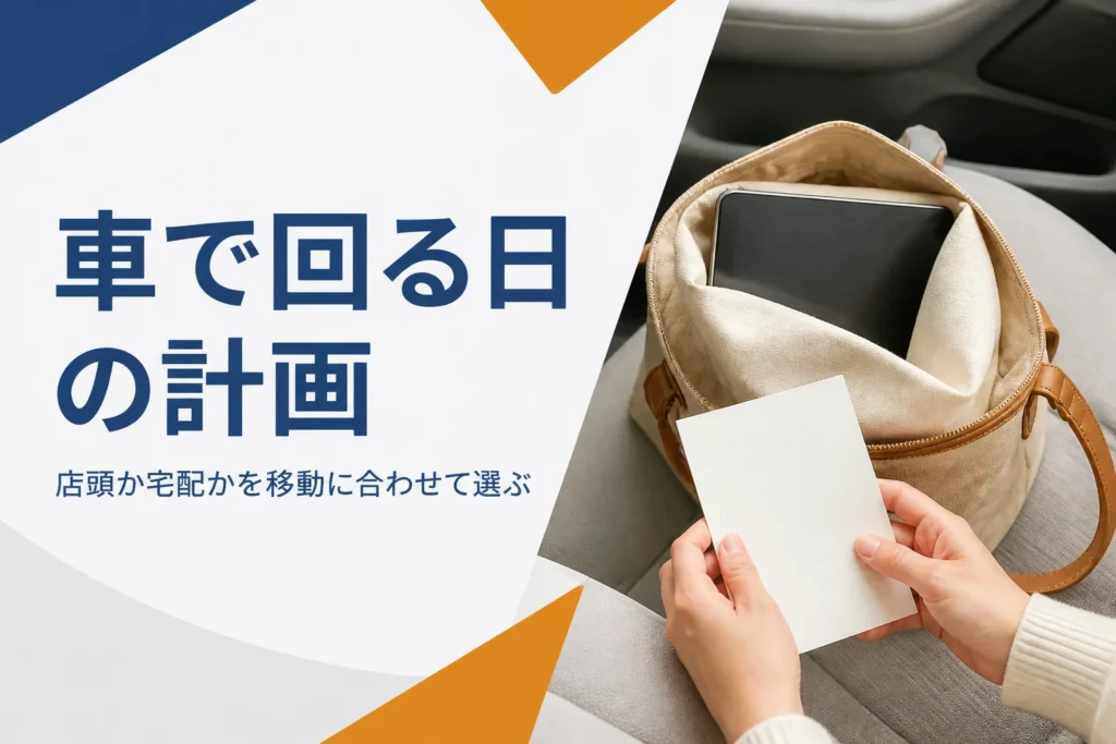 車の助手席に置いたタブレットと店を回る計画メモ