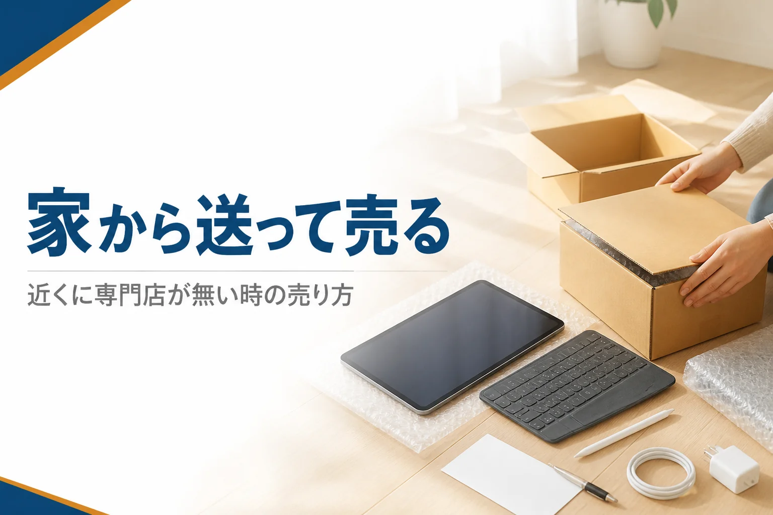 宅配買取に出すためにタブレットを箱に詰める手元