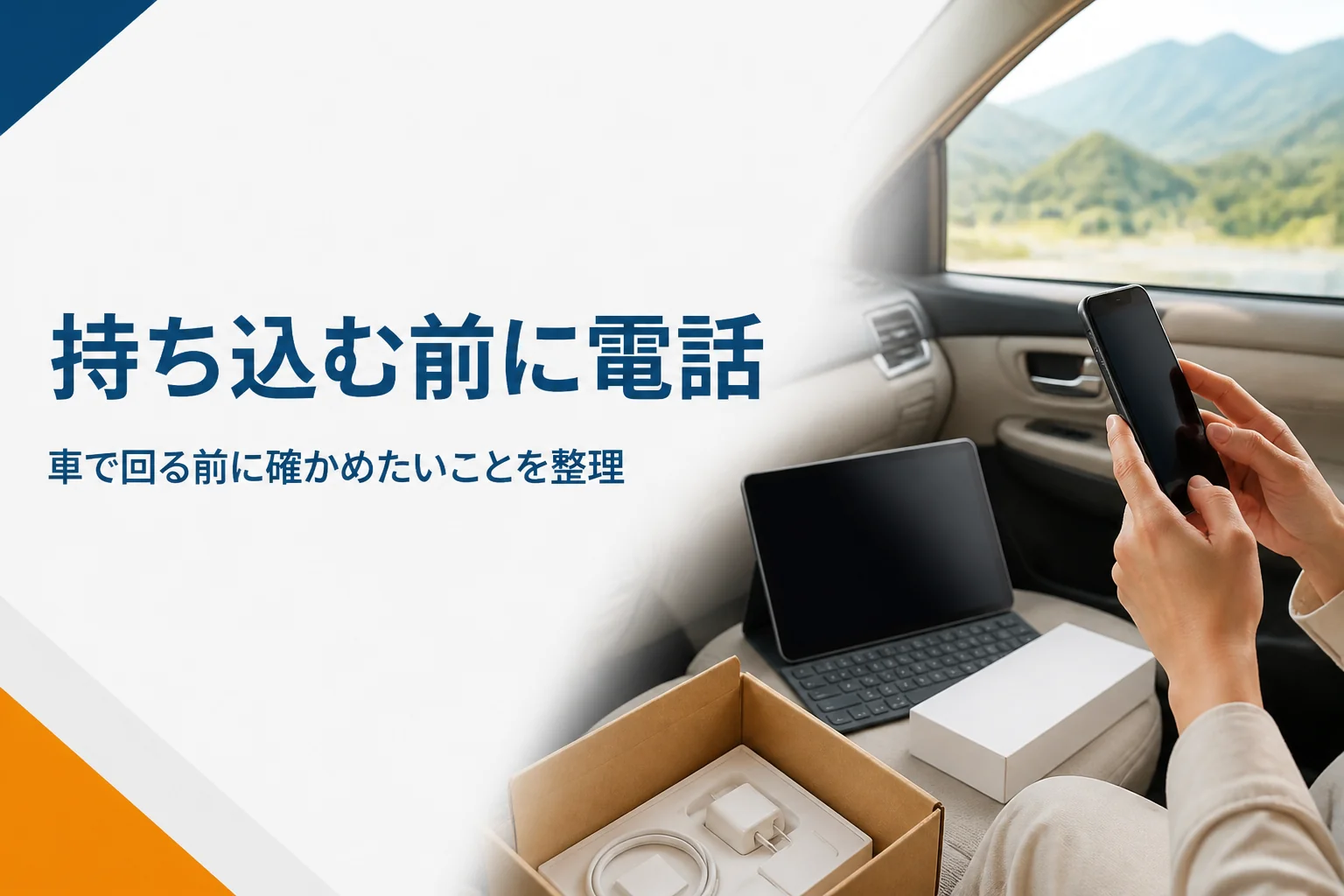 車の助手席に置いたタブレットと元箱、電話をかける手元