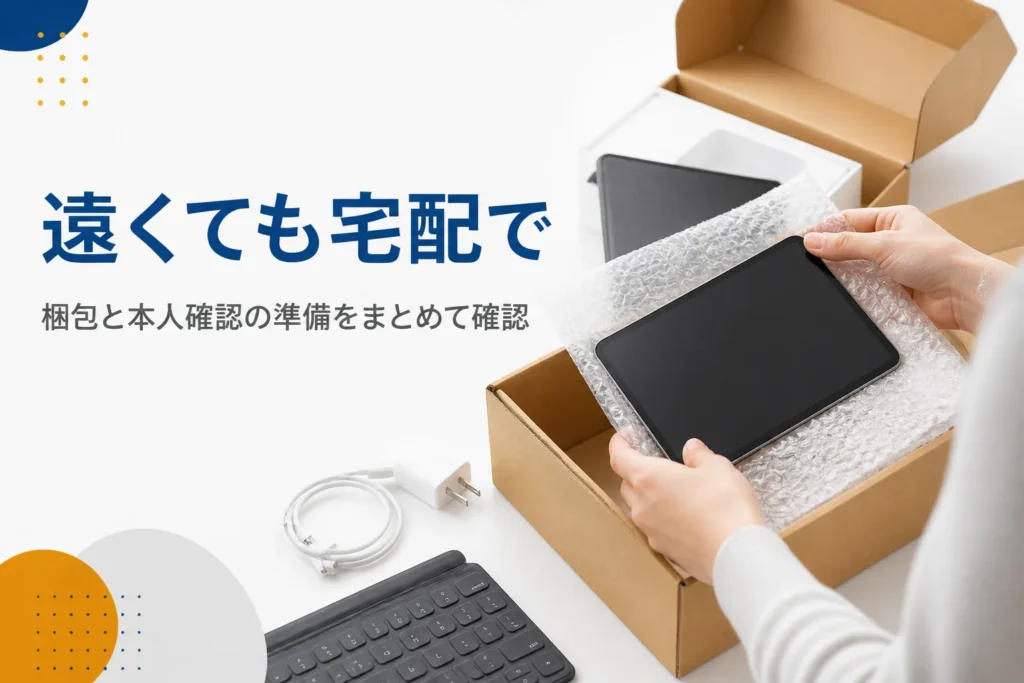 タブレットを緩衝材で包んで段ボール箱に入れる手元