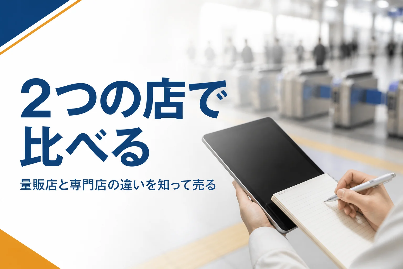駅の通路でタブレットとメモを持つ手元