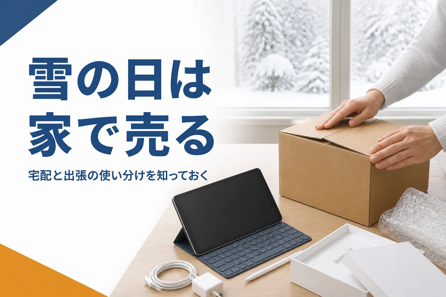 雪の見える部屋でタブレットを箱に詰める手元