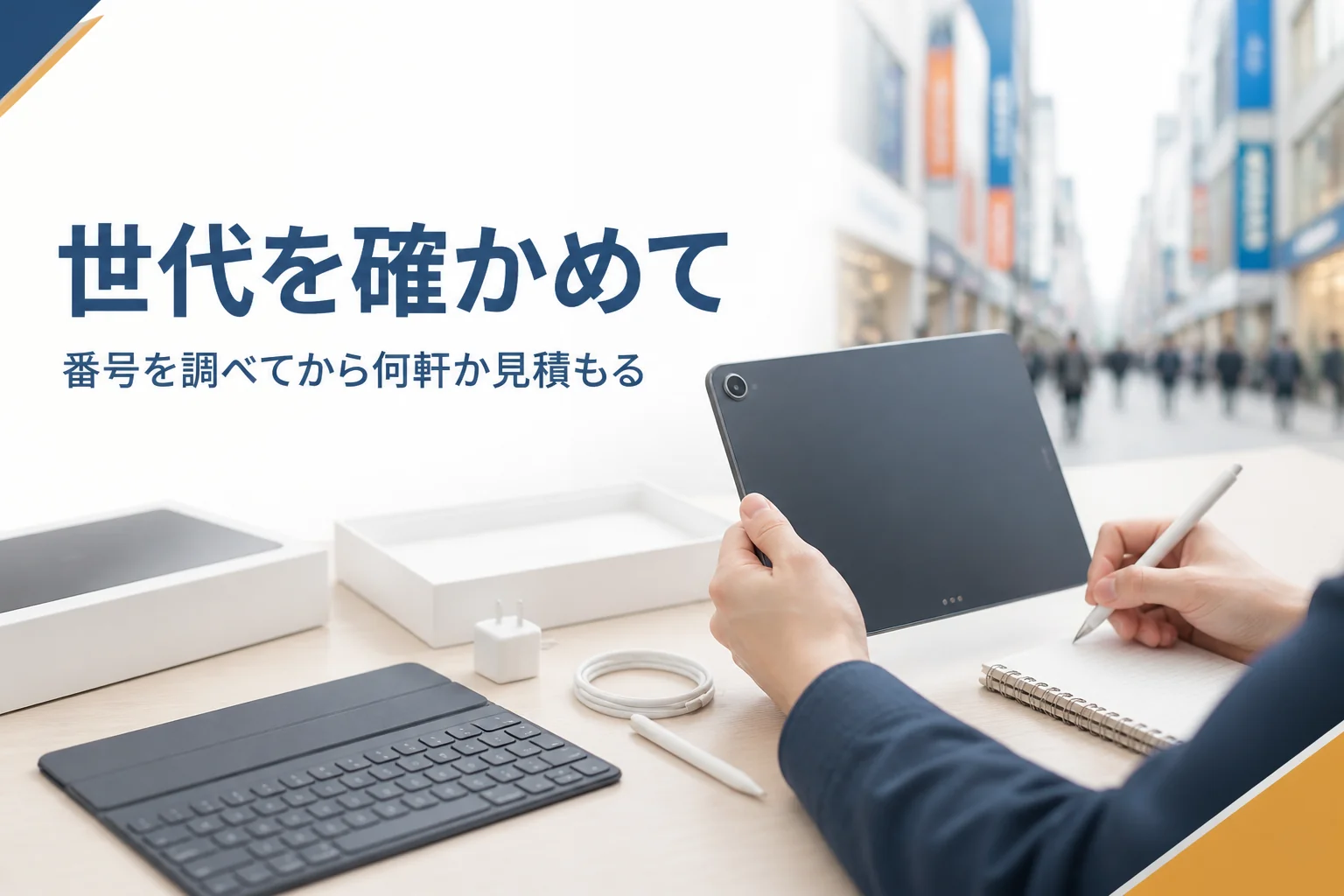 電気街でタブレットの背面を見ながらメモを取る手元