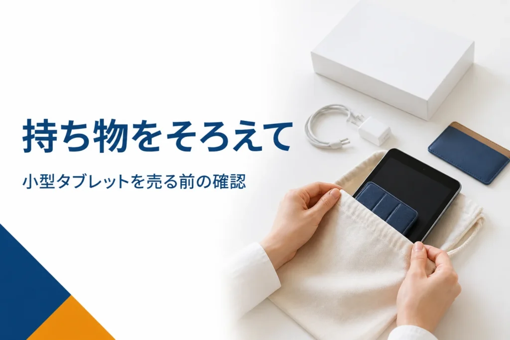 小型タブレットと付属品を袋にまとめる手元