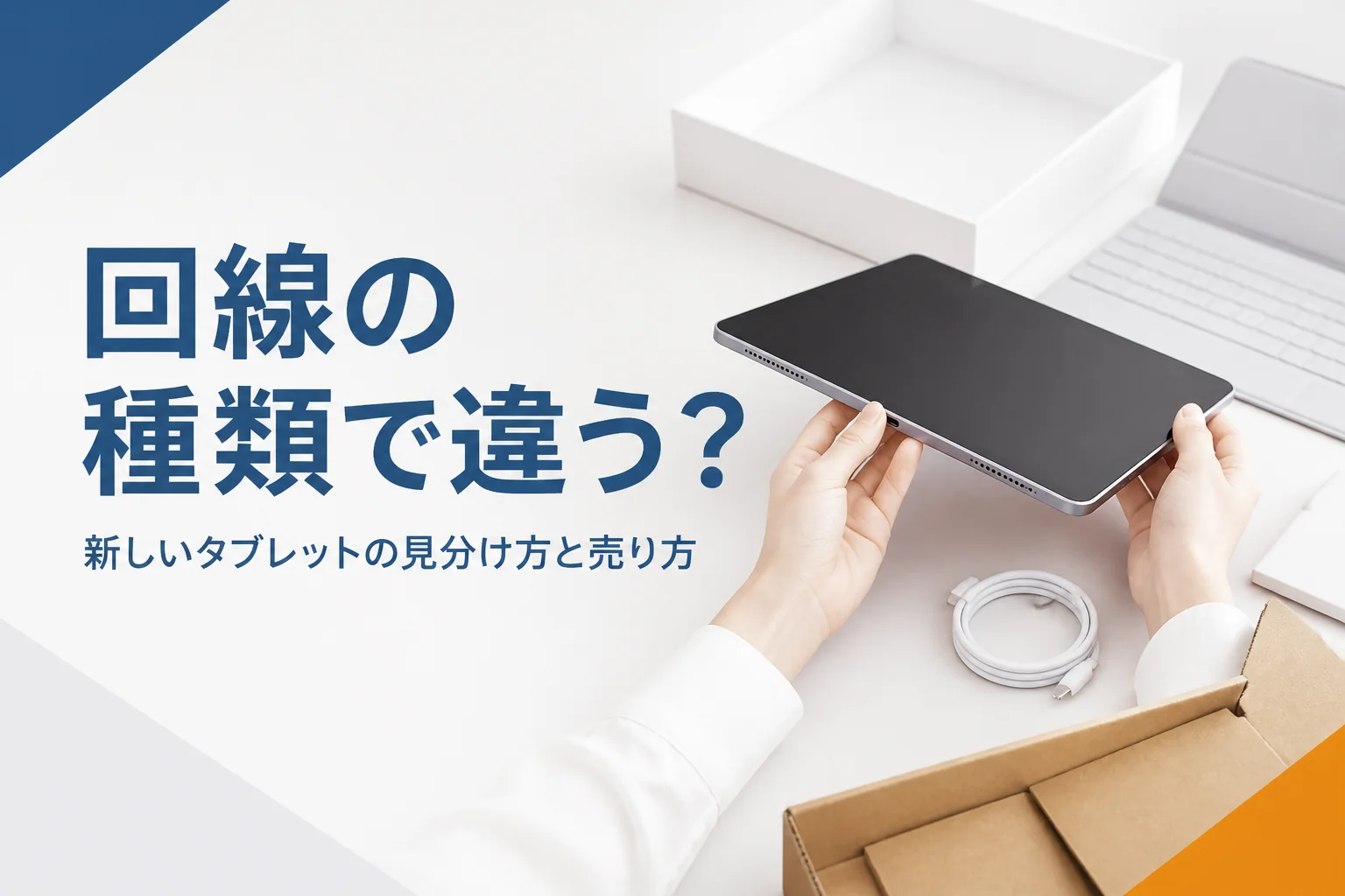 タブレットの側面を確かめる手元と元箱