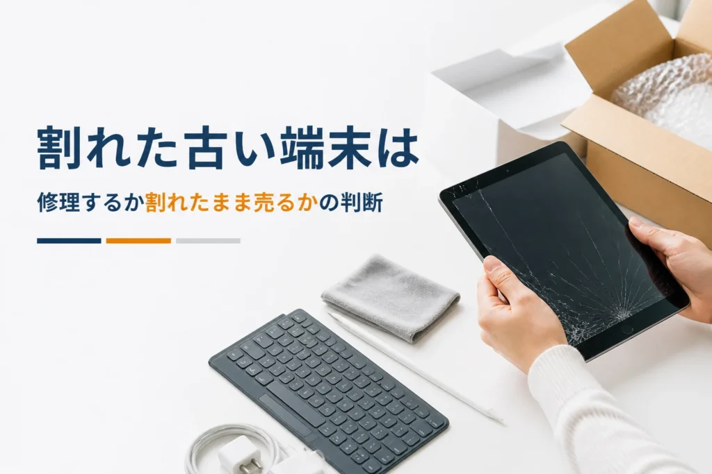 画面にひびが入ったタブレットを持ち上げる手元