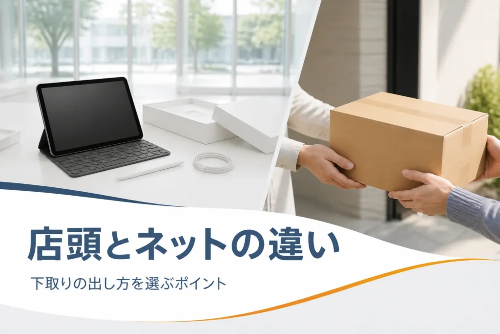 店頭のカウンターのタブレットと自宅で受け取る梱包箱