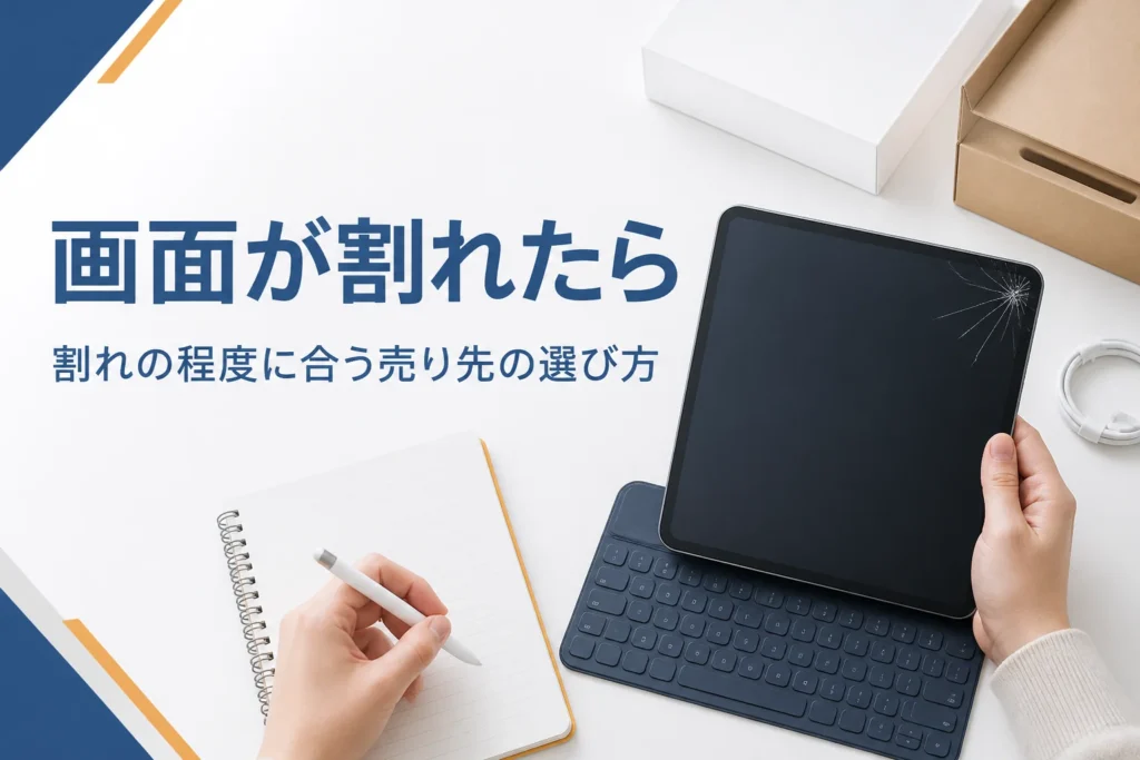 画面の角にひびが入ったタブレットとメモを取る手元