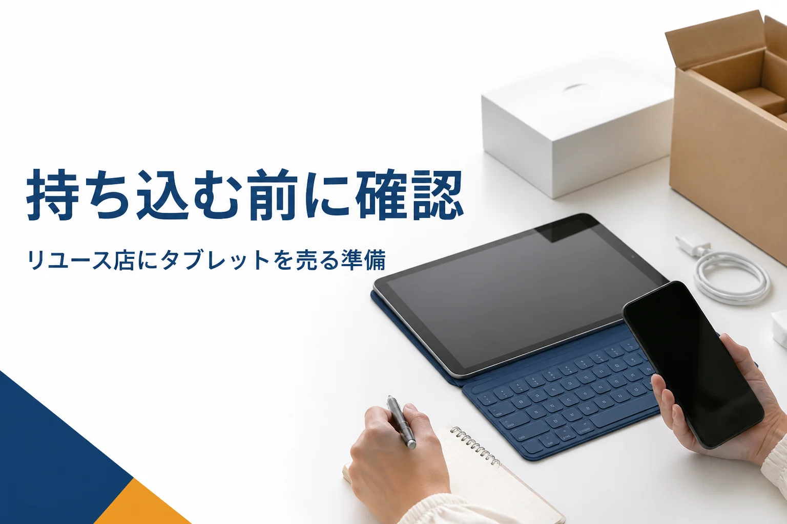 タブレットとメモを用意して店に問い合わせる手元