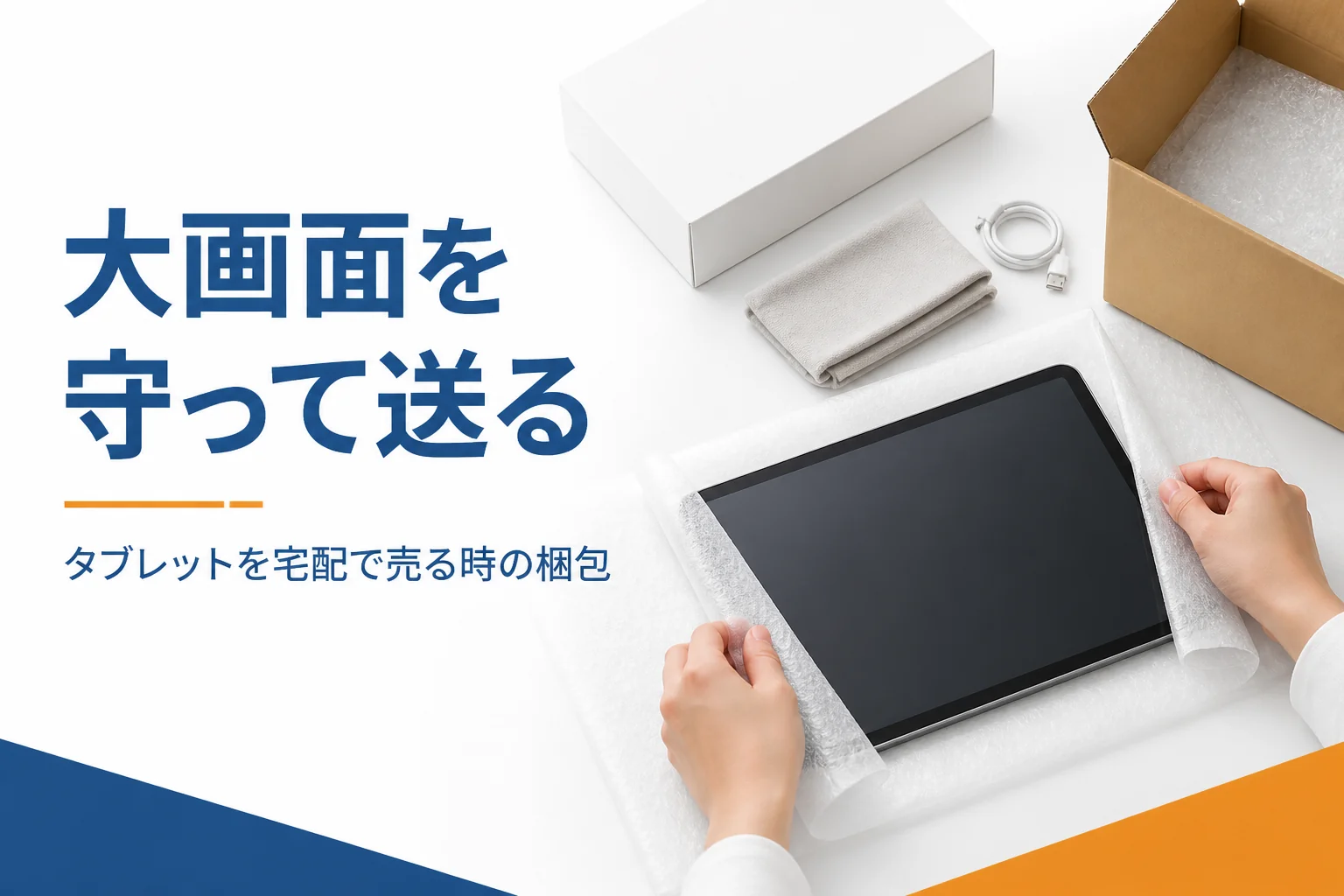 大きなタブレットを緩衝材で包んで箱に入れる手元