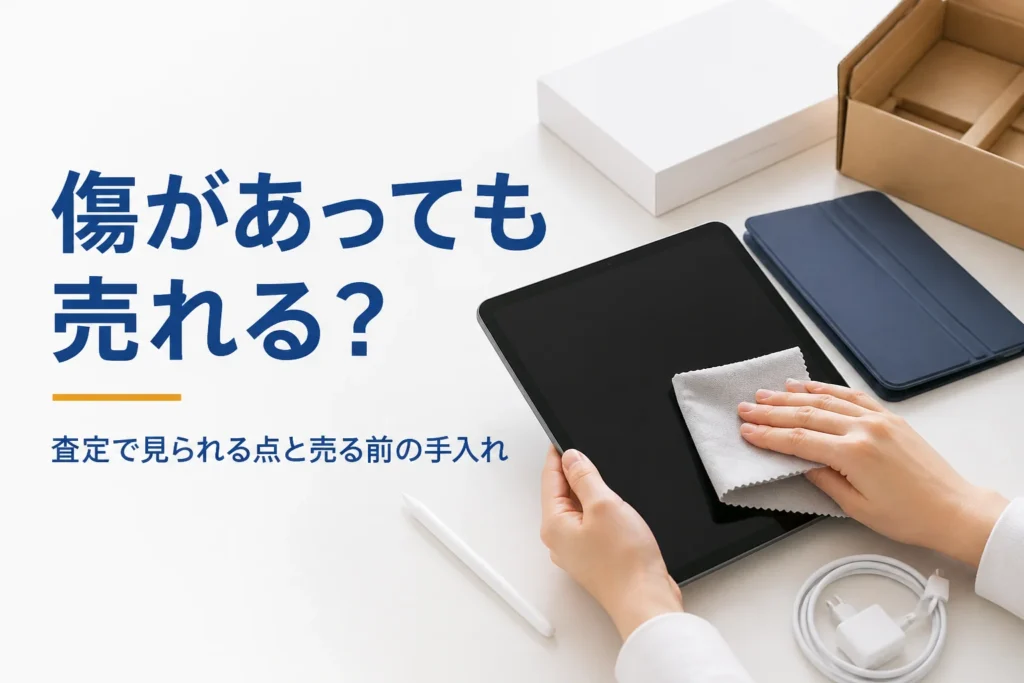 外したケースの横でタブレットを布で拭く手元