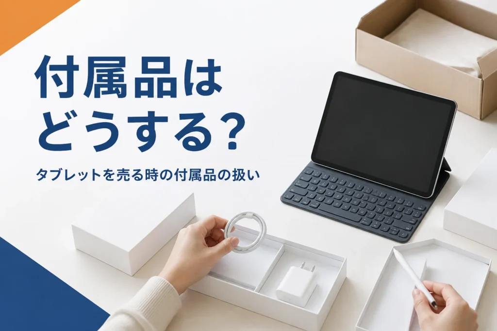 タブレットと付属品、アクセサリーを並べて仕分ける手元