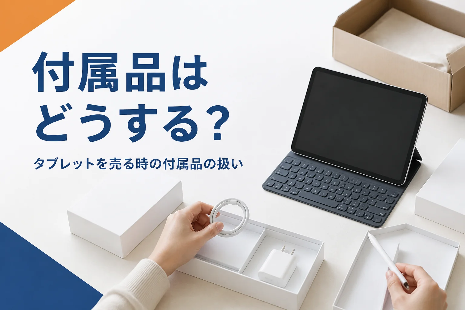 タブレットと付属品、アクセサリーを並べて仕分ける手元