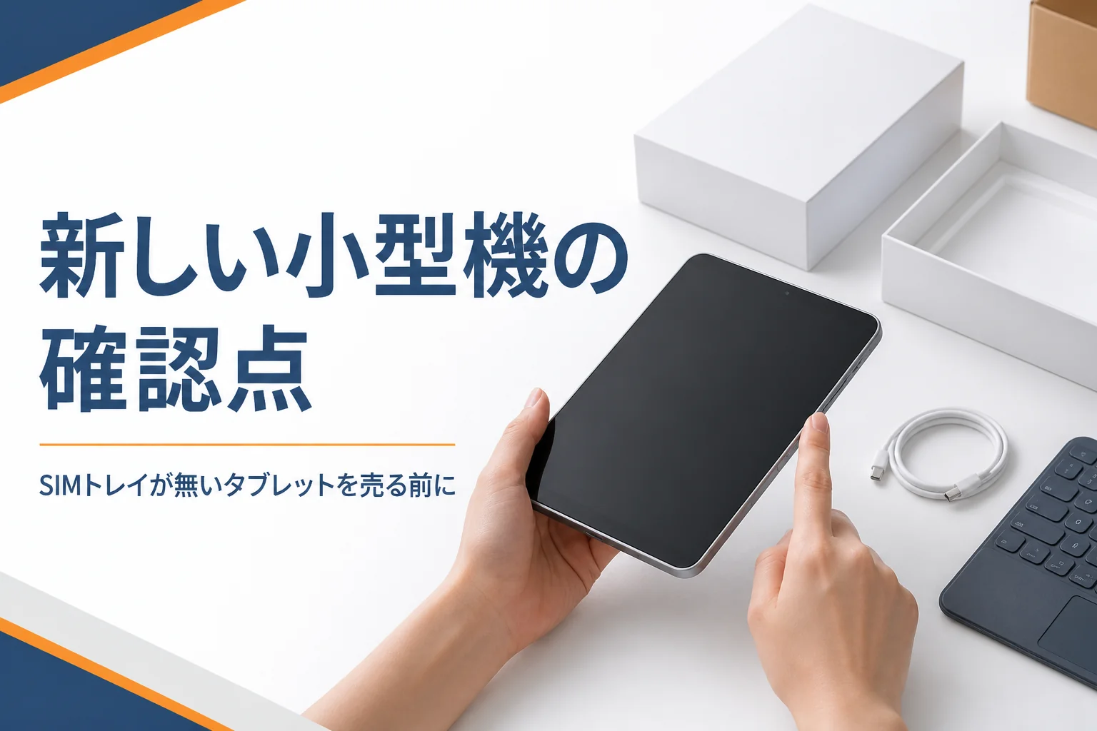 小型タブレットの側面を確かめる手元