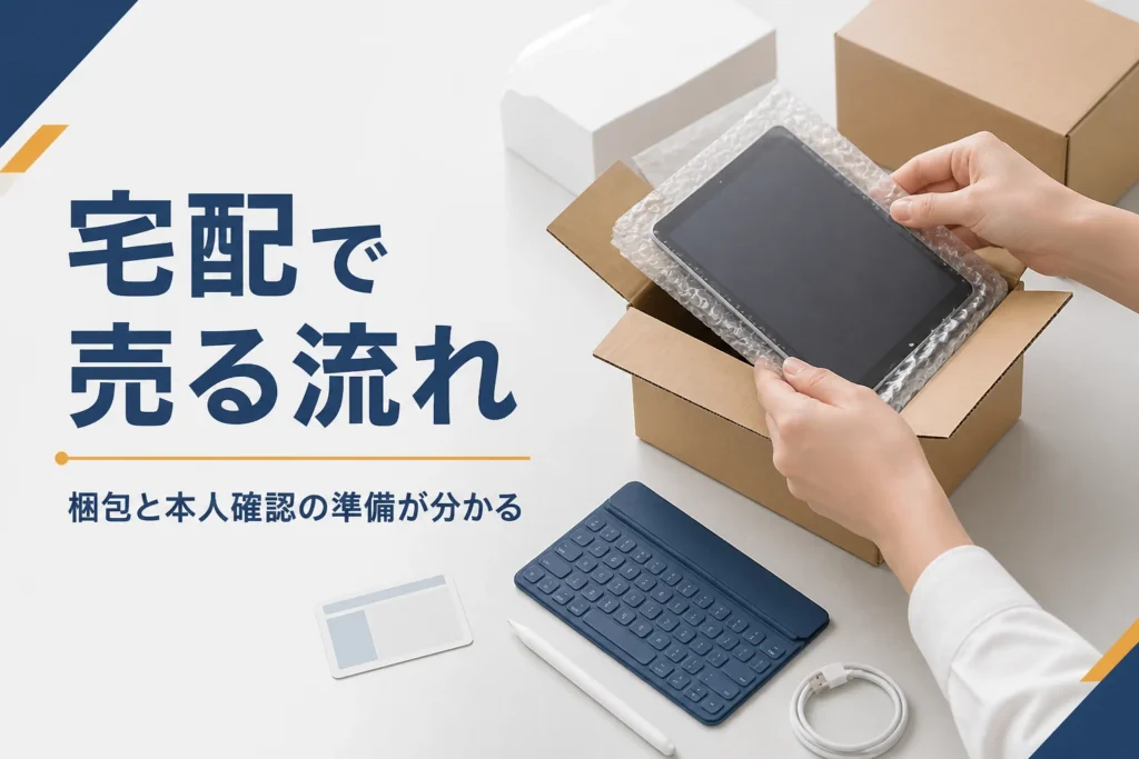 小型タブレットを箱に入れて宅配の準備をする手元