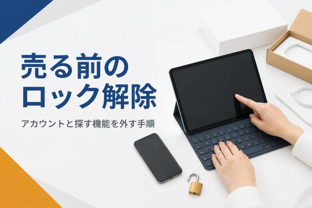 外れた南京錠とタブレット、スマートフォン