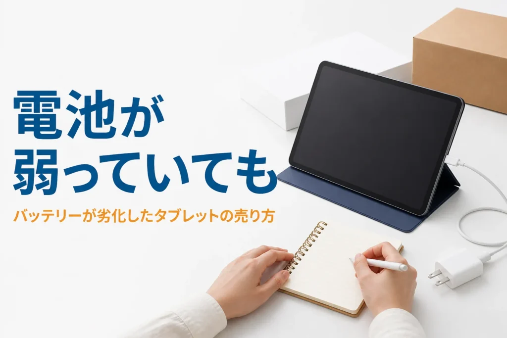 充電中のタブレットの横でメモを取る手元