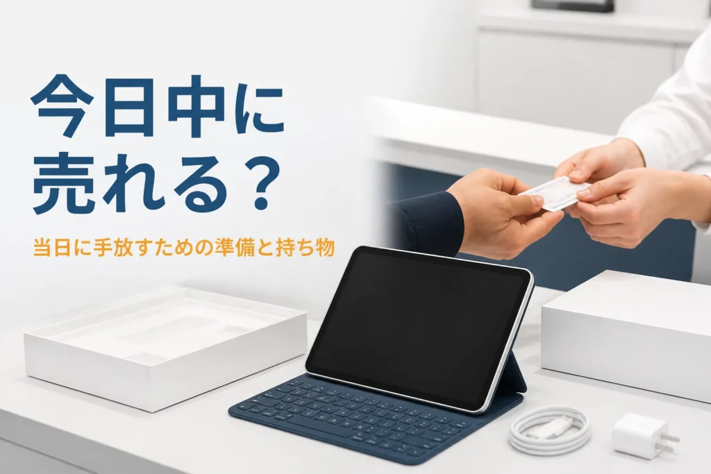 買取カウンターにタブレットと付属品を出す手元