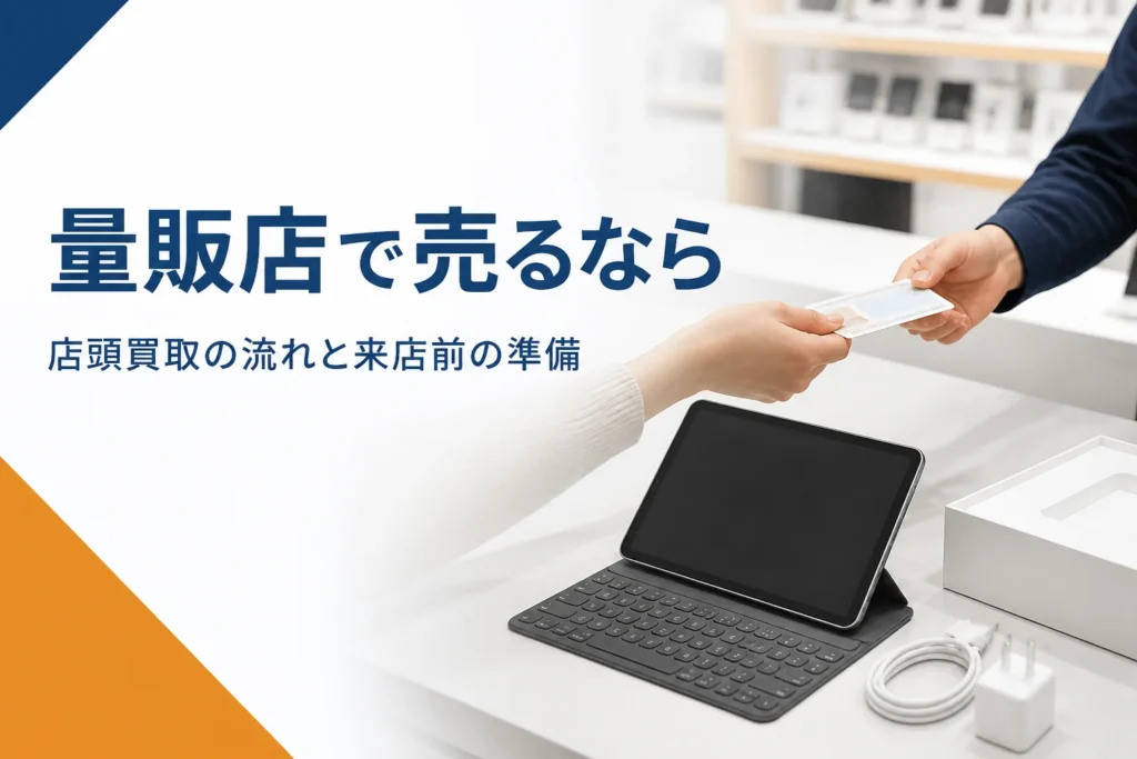 家電売り場の買取カウンターにタブレットを出す手元