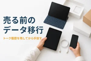 タブレットとスマートフォンを並べてデータを移す手元